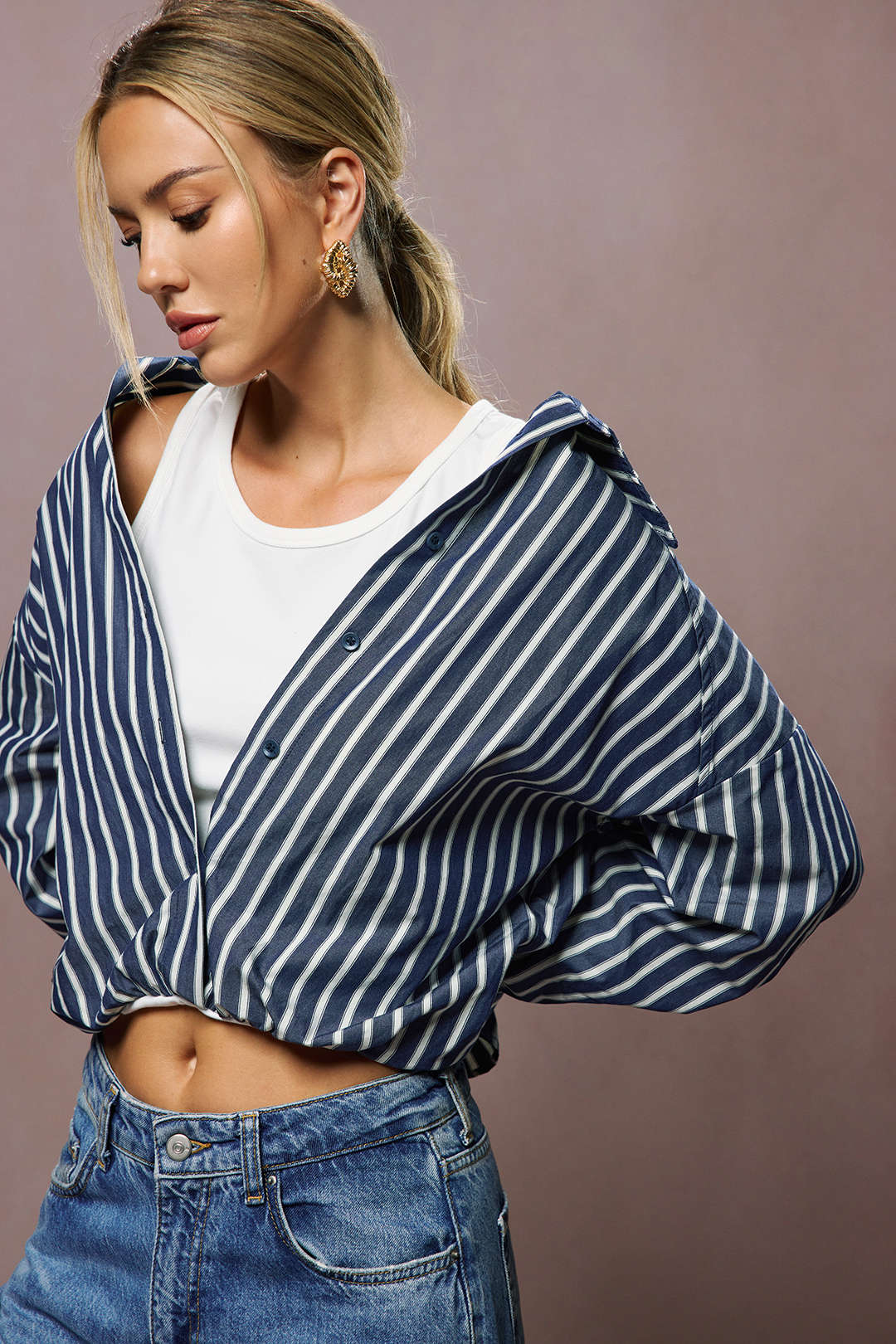 Stripes Print Button Long-Sleeve Shirt - Image 10