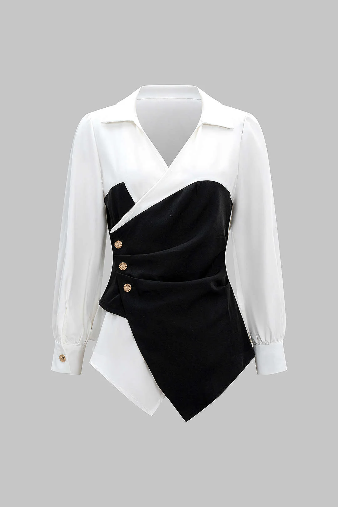 Metallic Decor Contrast Pleated V-Neck Long-Sleeve Shirt