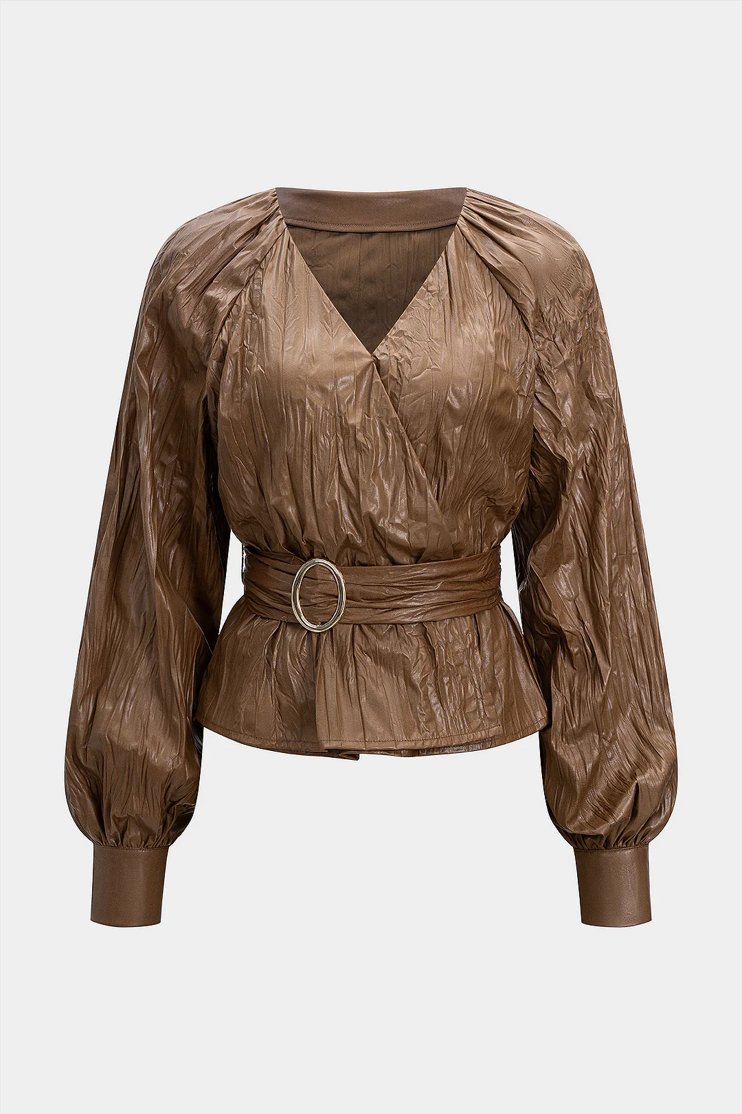 Faux Leather Pleated Belted V-Neck Long-Sleeve Shirt