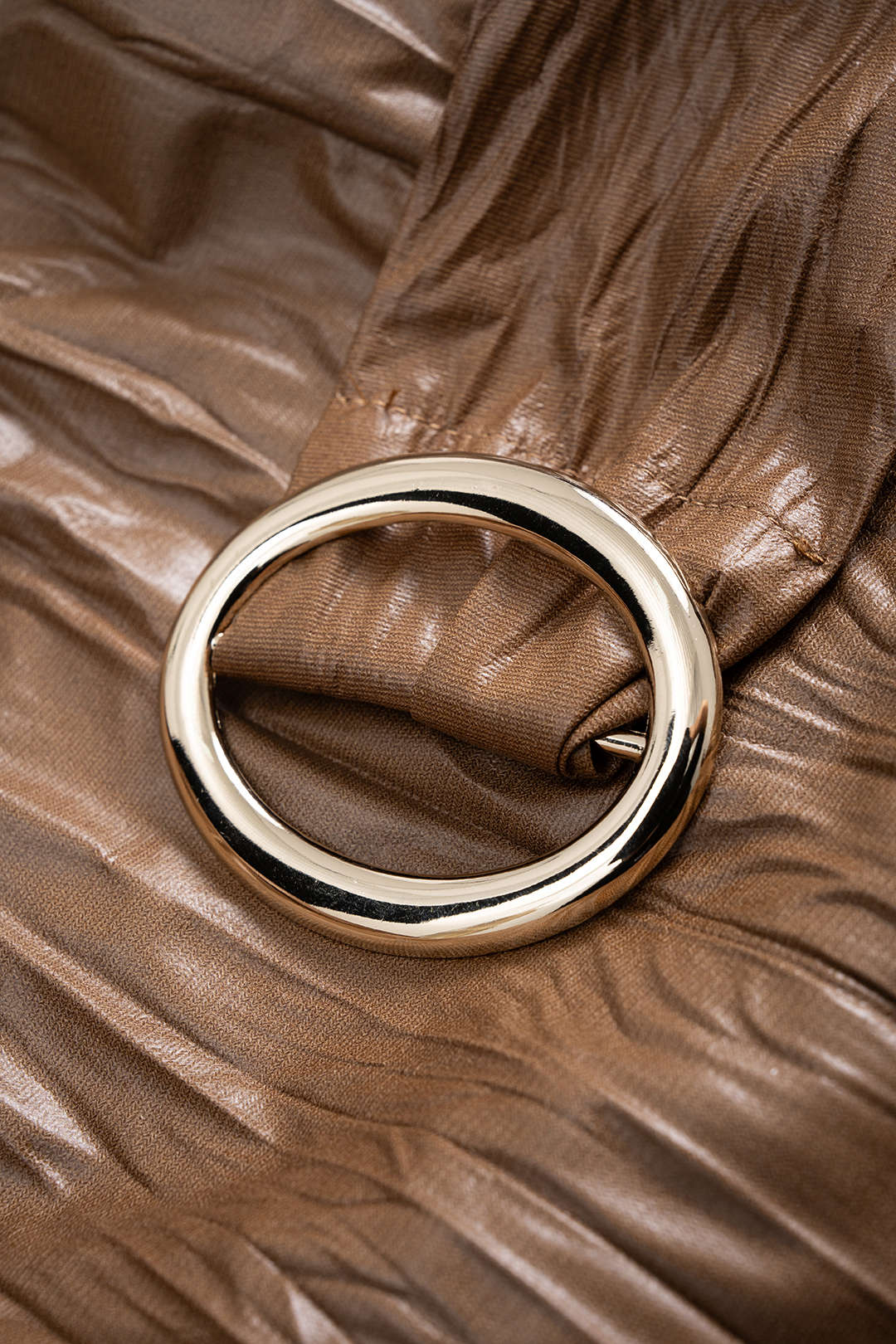 Faux Leather Pleated Belted V-Neck Long-Sleeve Shirt - Image 5