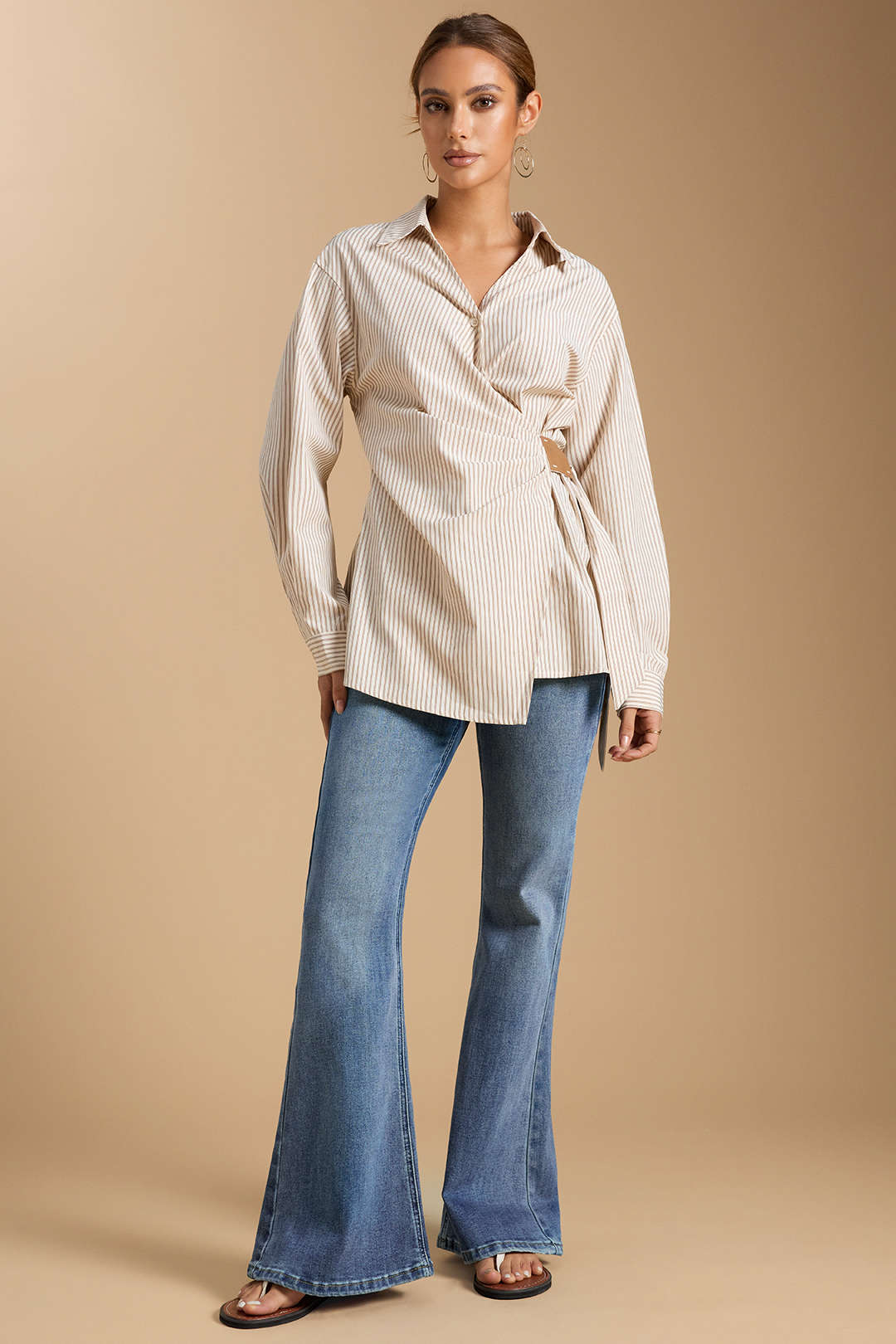 Stripes Print Button Ruched Long-Sleeve Shirt
