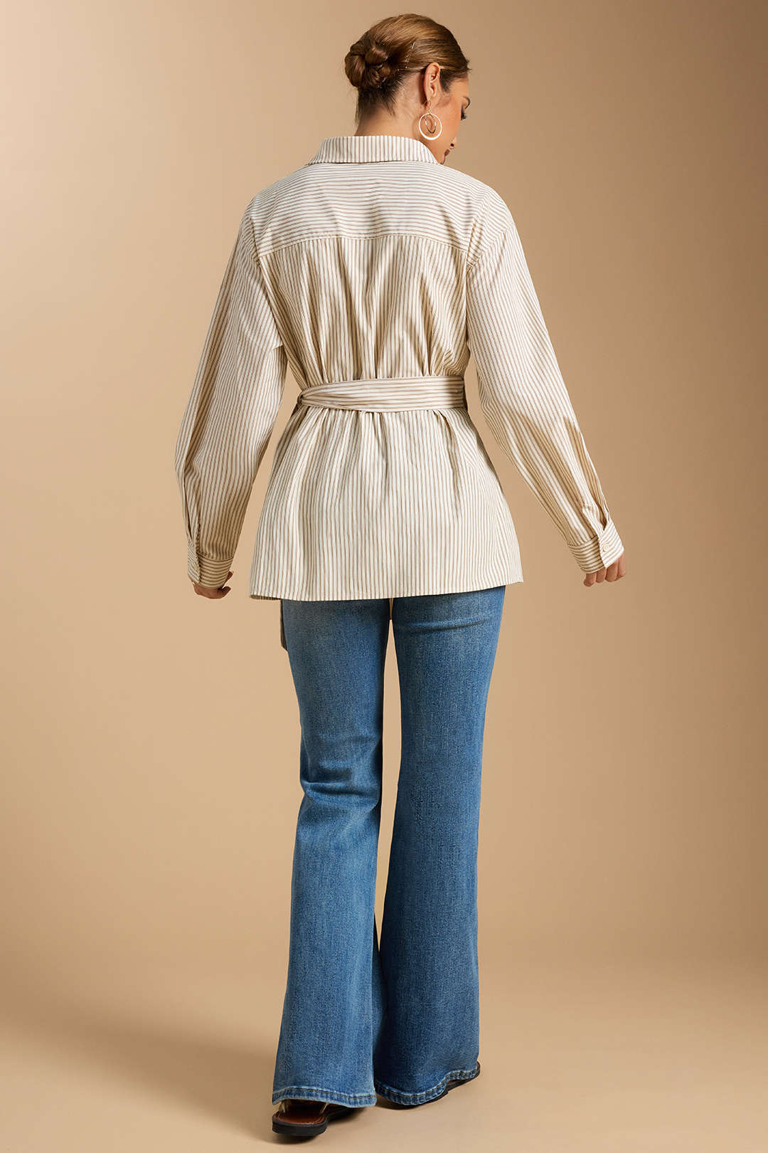 Stripes Print Button Ruched Long-Sleeve Shirt - Image 2