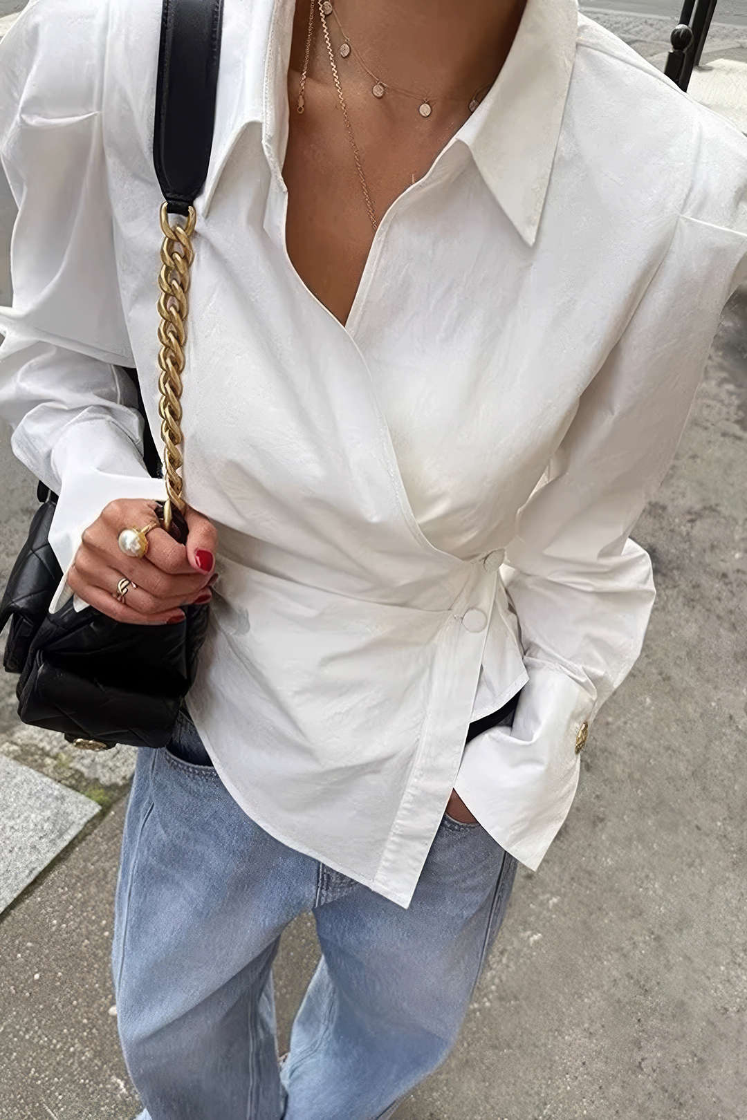 V-Neck Asymmetrical Tie Back Long-Sleeve Shirt