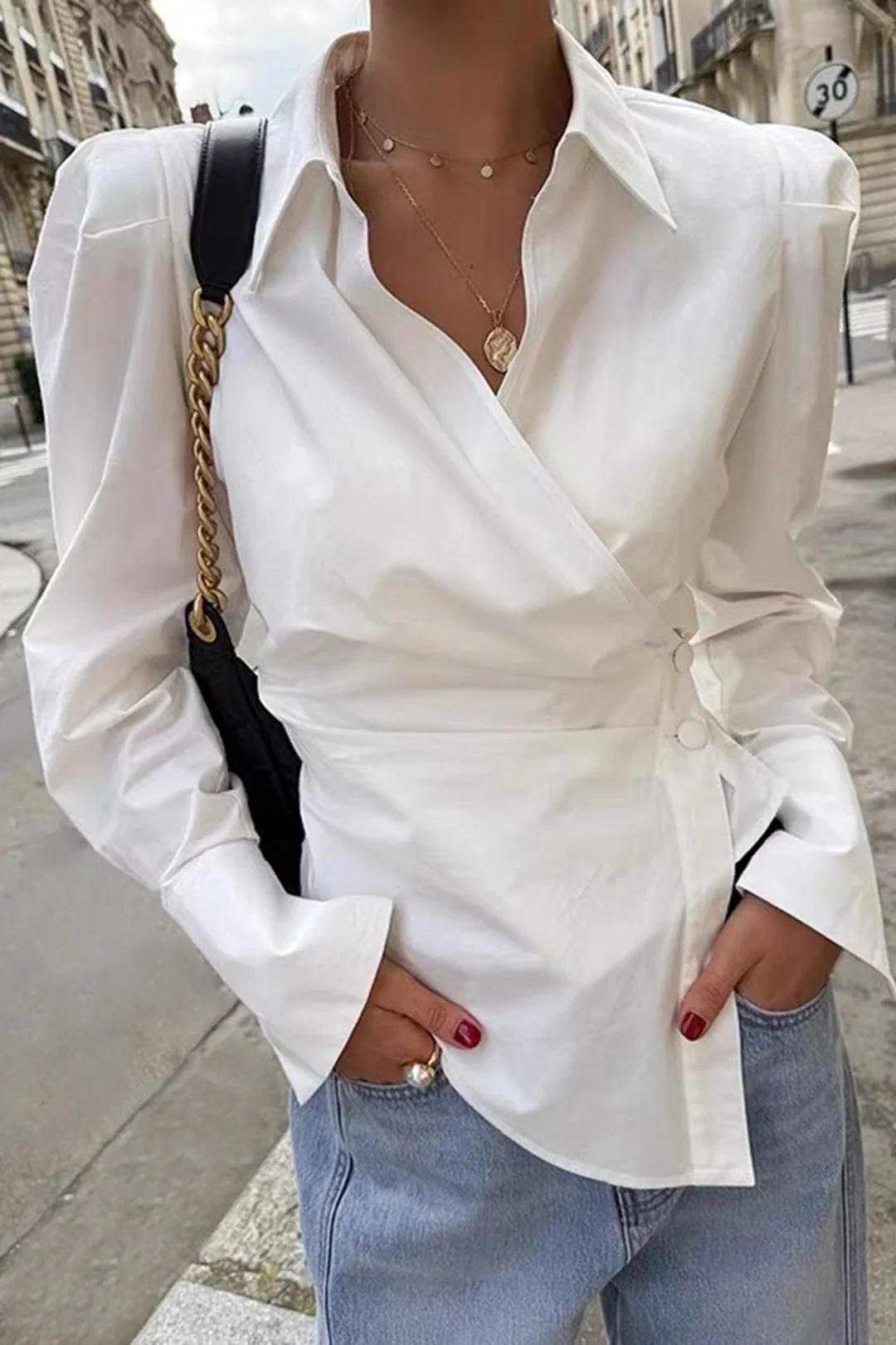 V-Neck Asymmetrical Tie Back Long-Sleeve Shirt - Image 2