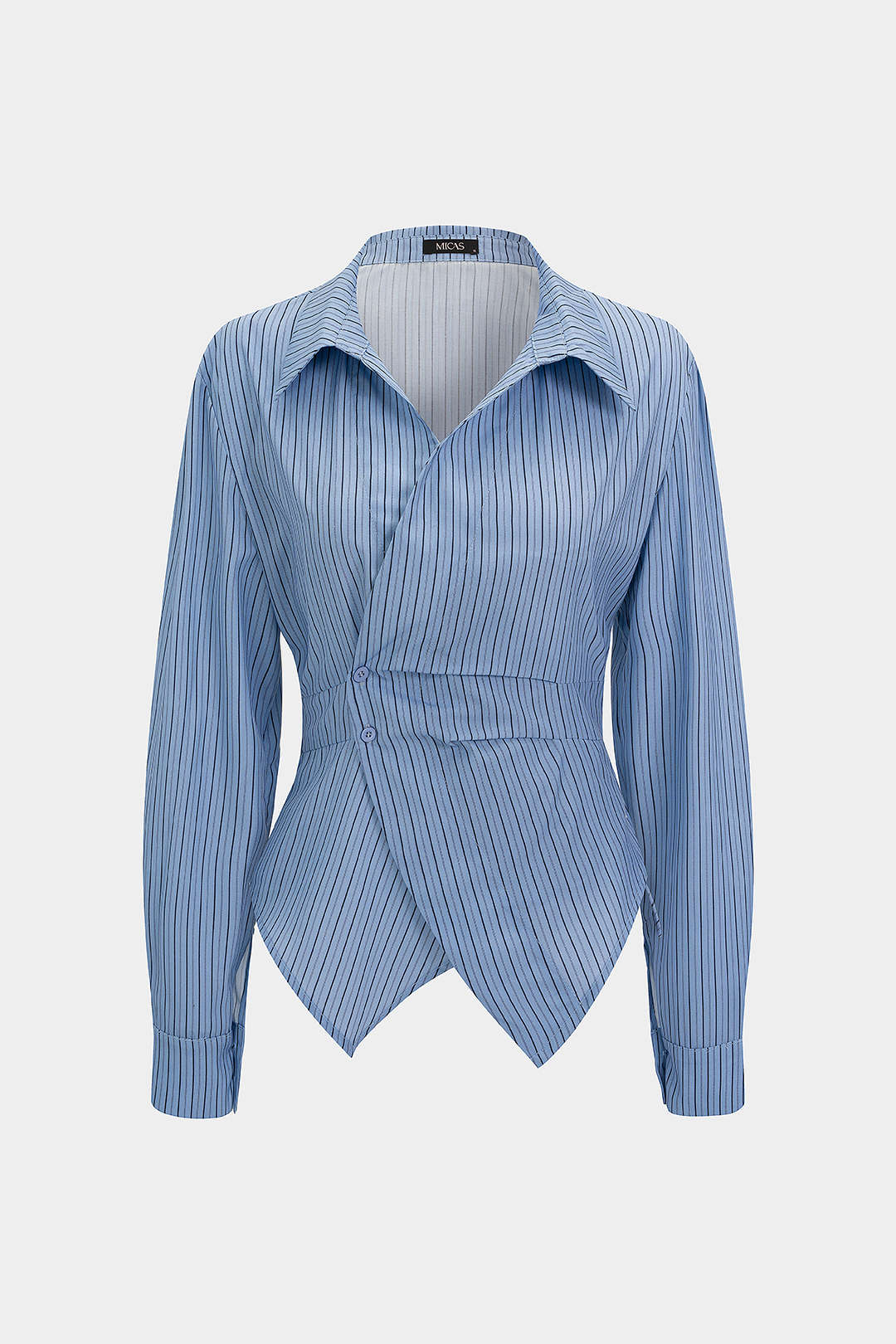 Stripes Print V-Neck Ruched Long-Sleeve Shirt - Image 2