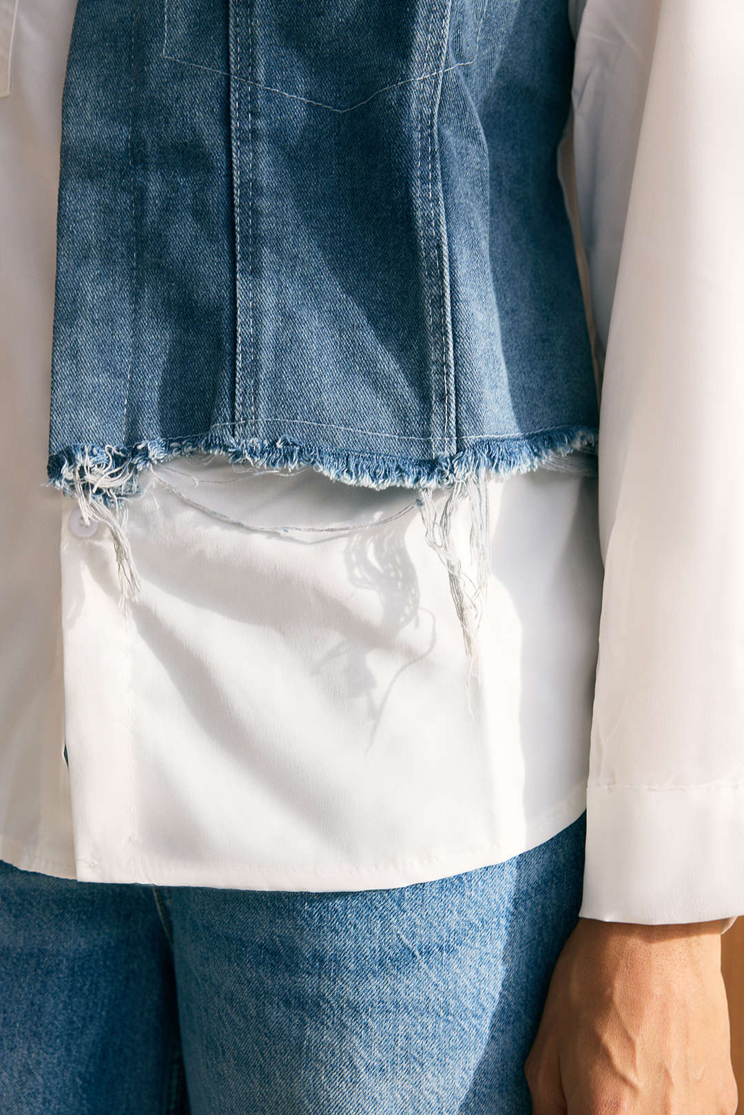 Denim Patchwork Frayed Asymmetrical Pocket Long-Sleeve Shirt - Image 8