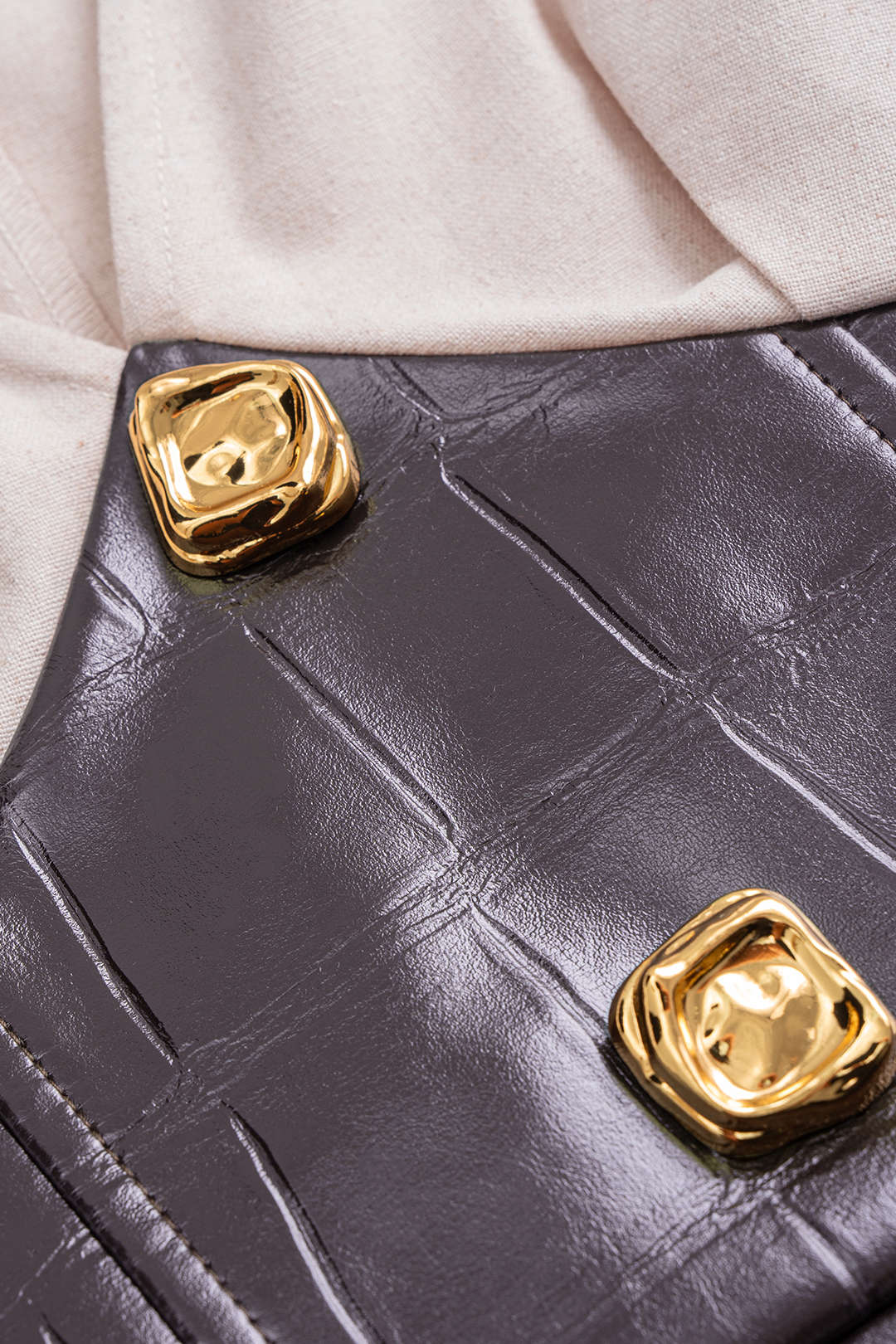 Faux Leather Metallic Button V-Neck Waist-Cinching Long-Sleeve Shirt - Image 3