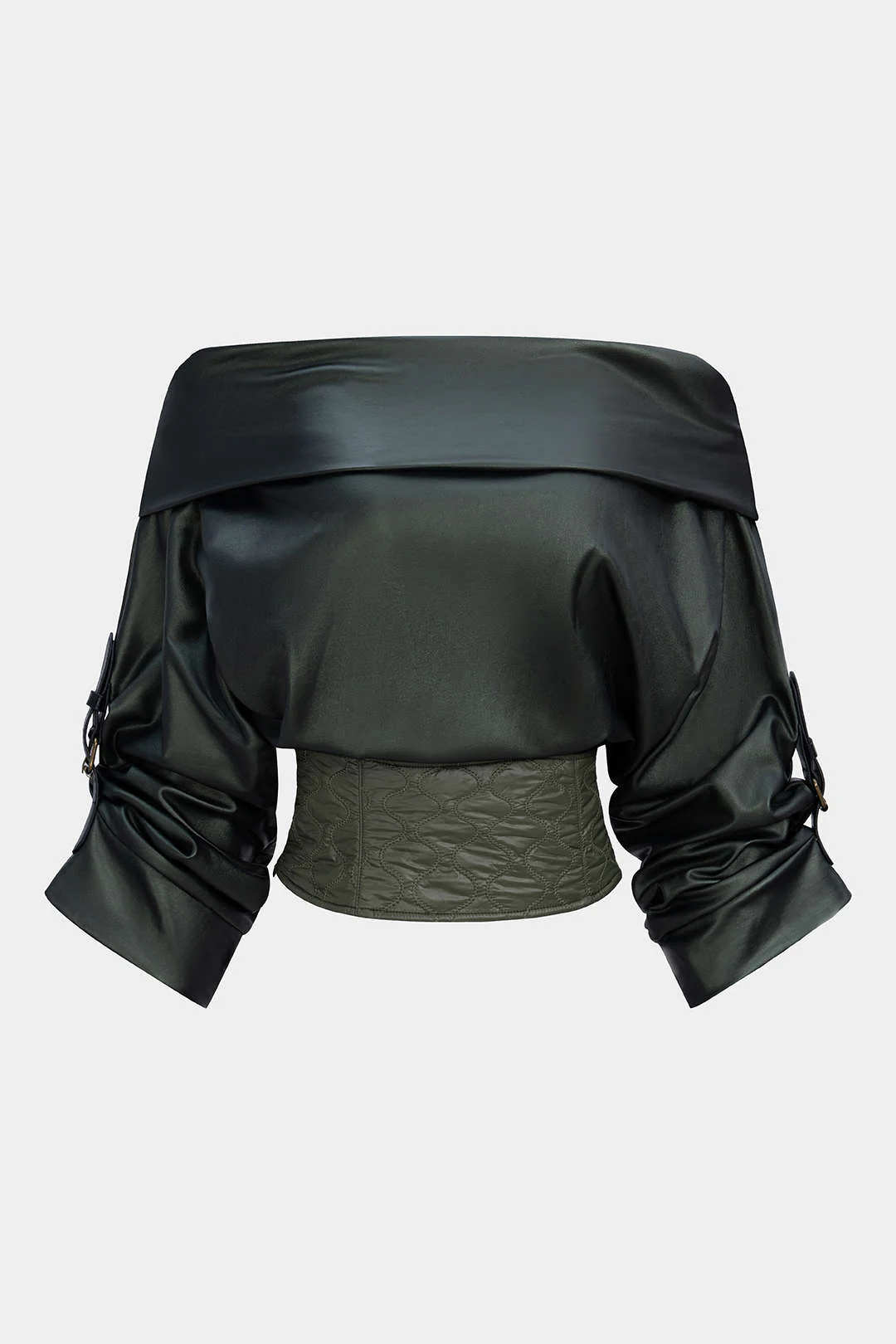 Faux Leather Quilted Patchwork Off Shoulder Long-Sleeve Shirt - Image 6