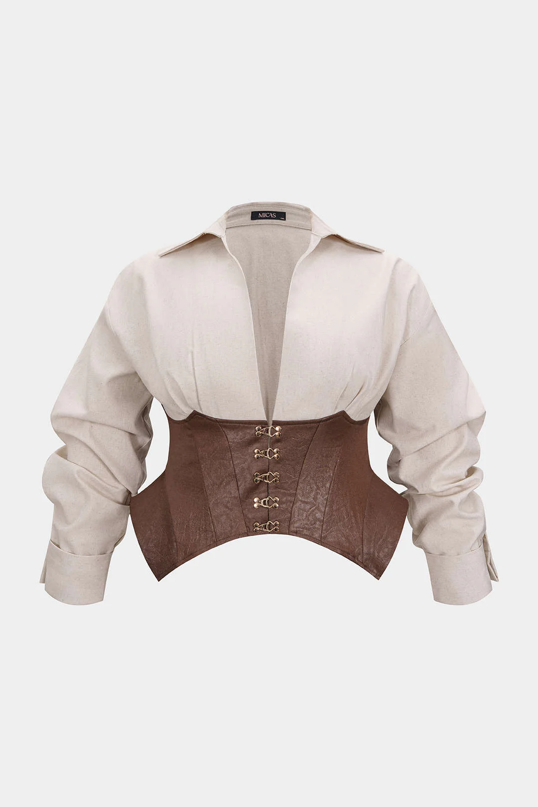 Plus Size Faux Leather Patchwork Linen Metallic Long-Sleeve Shirt