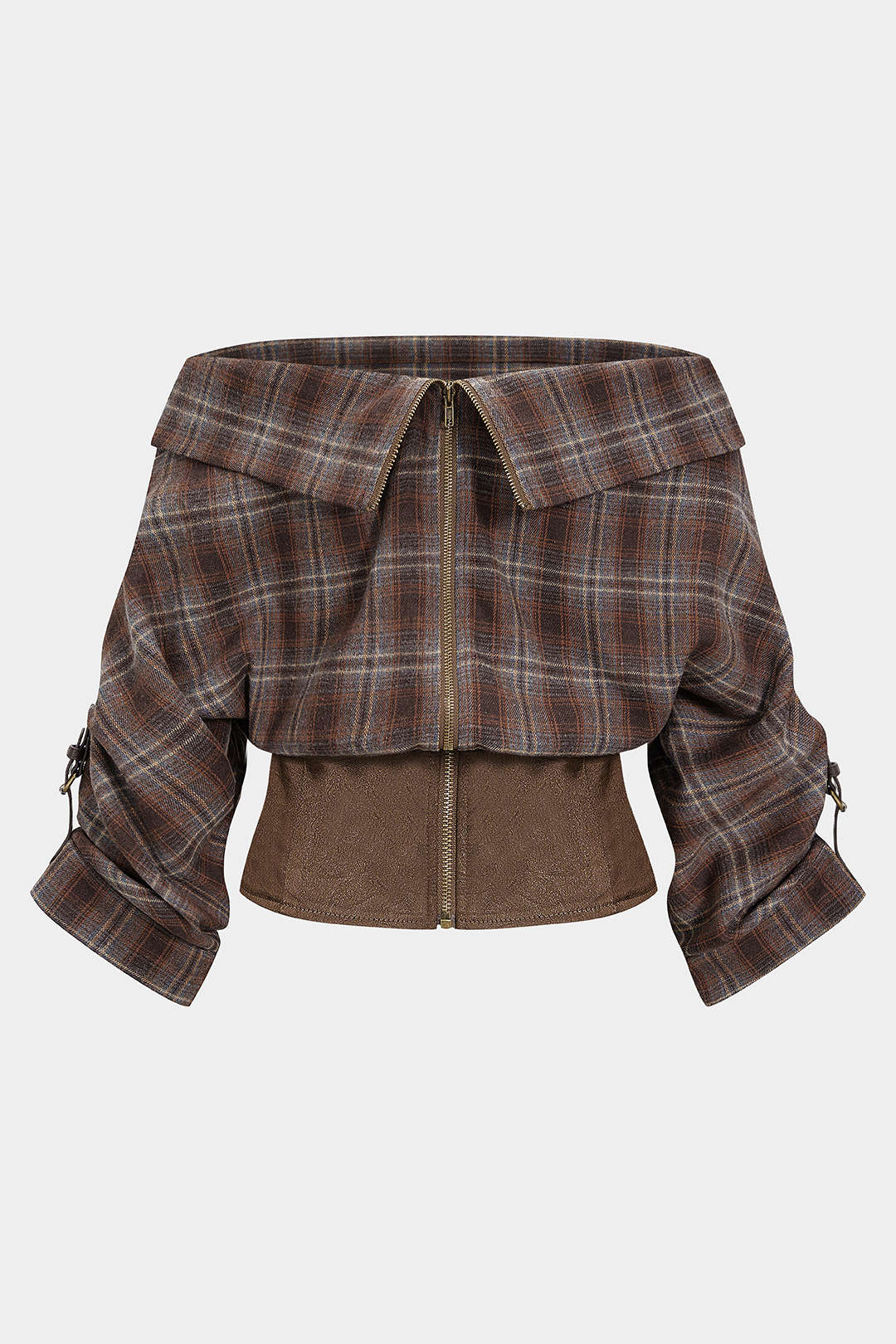 Plus Size Plaid Print Off Shoulder Zipper Long-Sleeve Shirt - Image 2