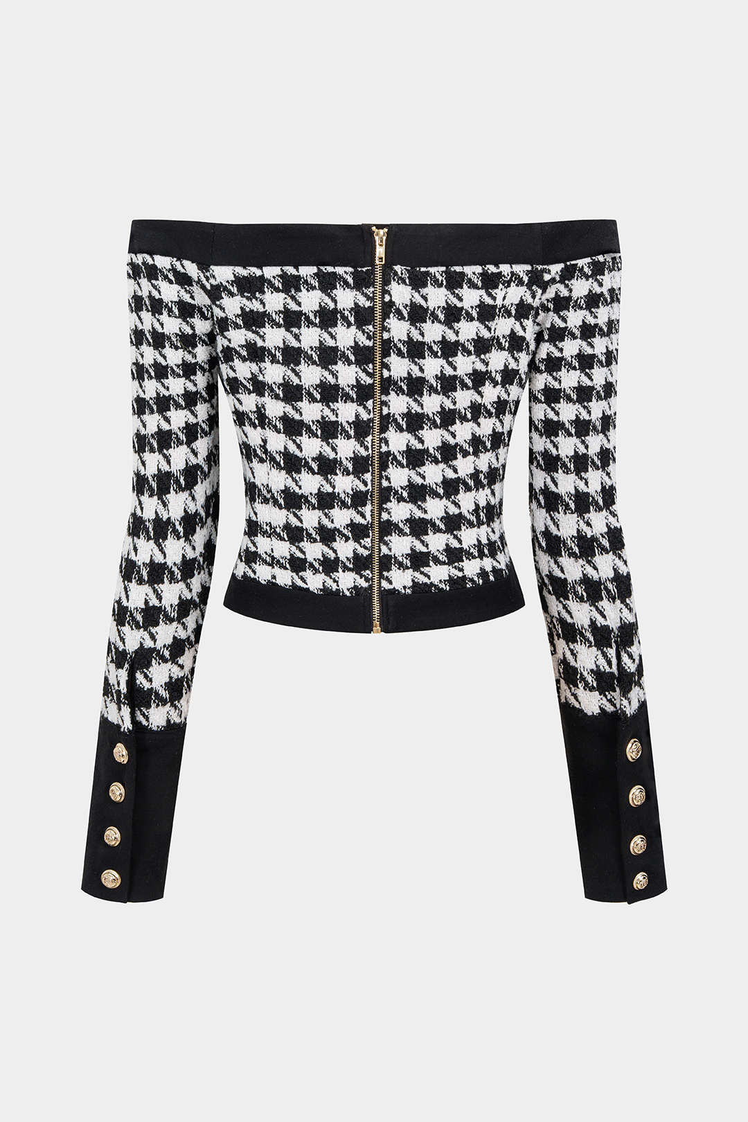 Houndstooth Print Off Shoulder Woolen Button Long-Sleeve Top - Image 2