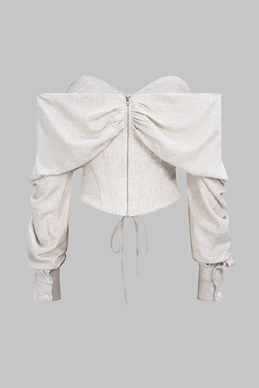 Linen Off-Shoulder Tie Front Corset Runched Long-Sleeve Shirt - Image 3