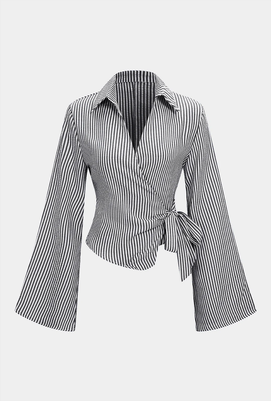 Stripes Print V-Neck Tie-Up Long-Sleeve Shirt - Image 5