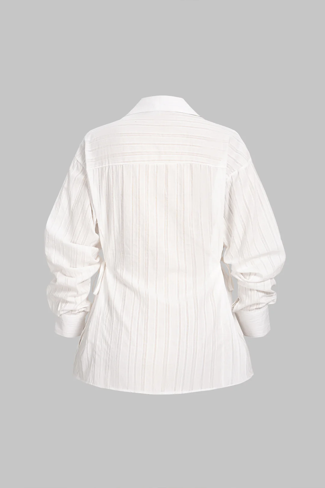 Lapel Striped Button Tie-Up Long-Sleeve Shirt - Image 2