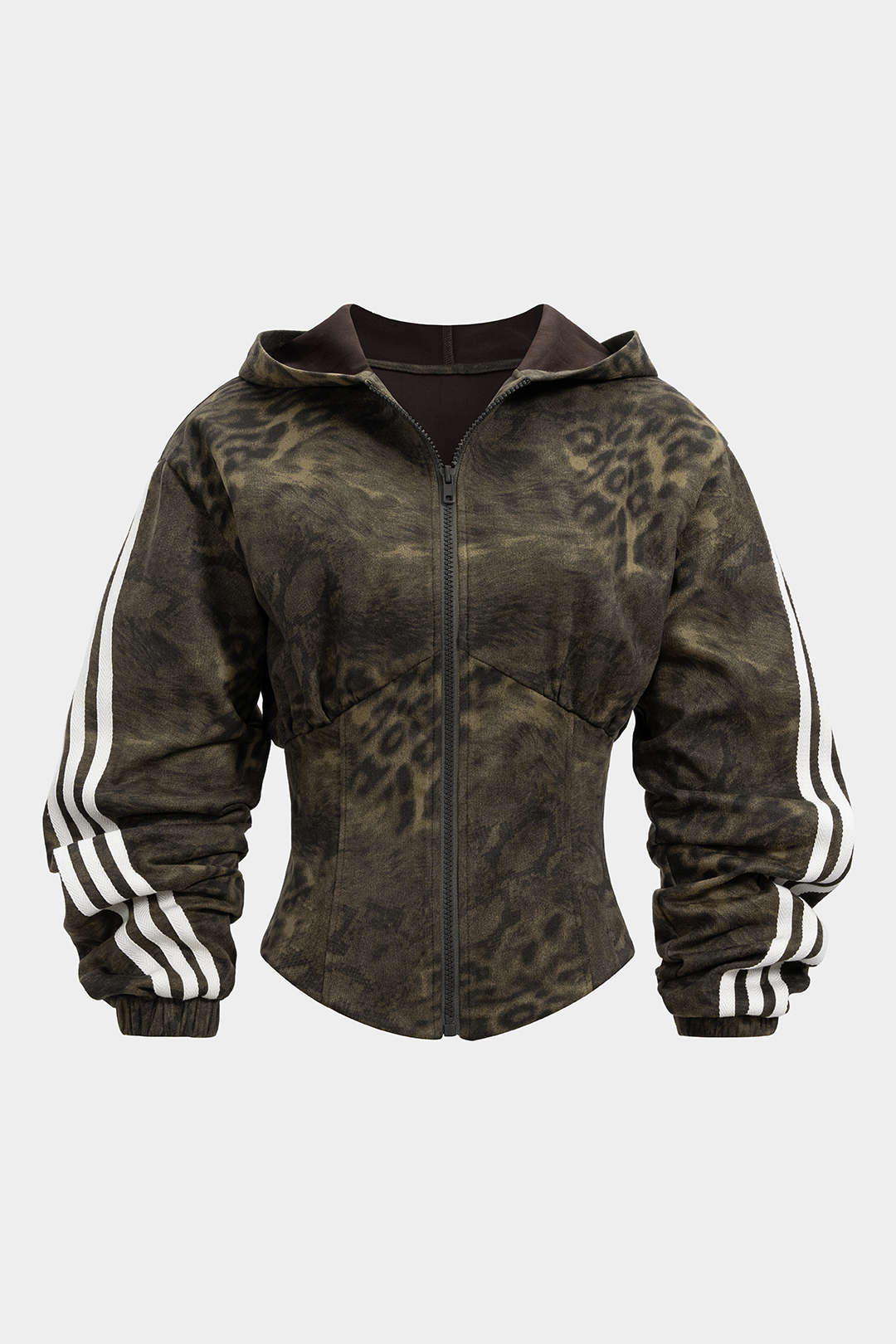 Leopard Stripes Print Zipper Waist-Cinching Long-Sleeve Hoodie - Image 7