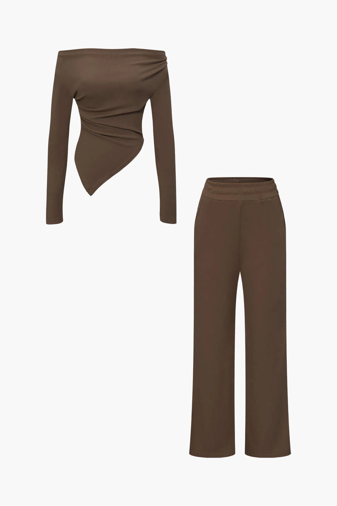 Off Shoulder Ruched Asymmetric Top And Straight Leg Pants Set - Image 14