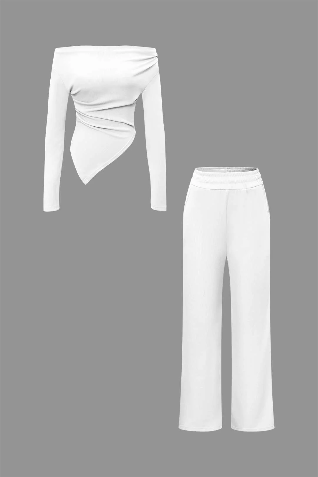 Off Shoulder Ruched Asymmetric Top And Straight Leg Pants Set - Image 9