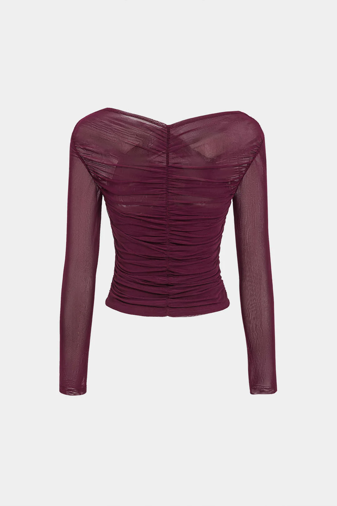 Solid Sheer Mesh Ruched Long-Sleeve Top - Image 3