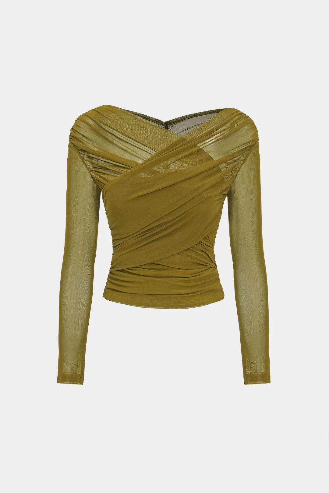 Solid Sheer Mesh Ruched Long-Sleeve Top - Image 8