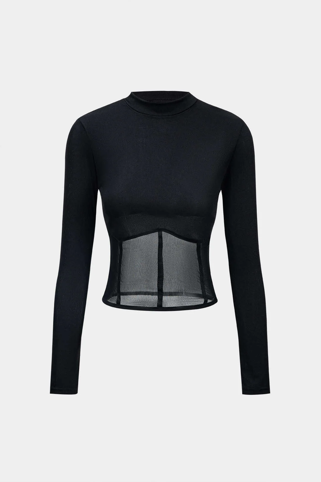 Mesh Patchwork Corset Round Neck Long-Sleeve Top - Image 3