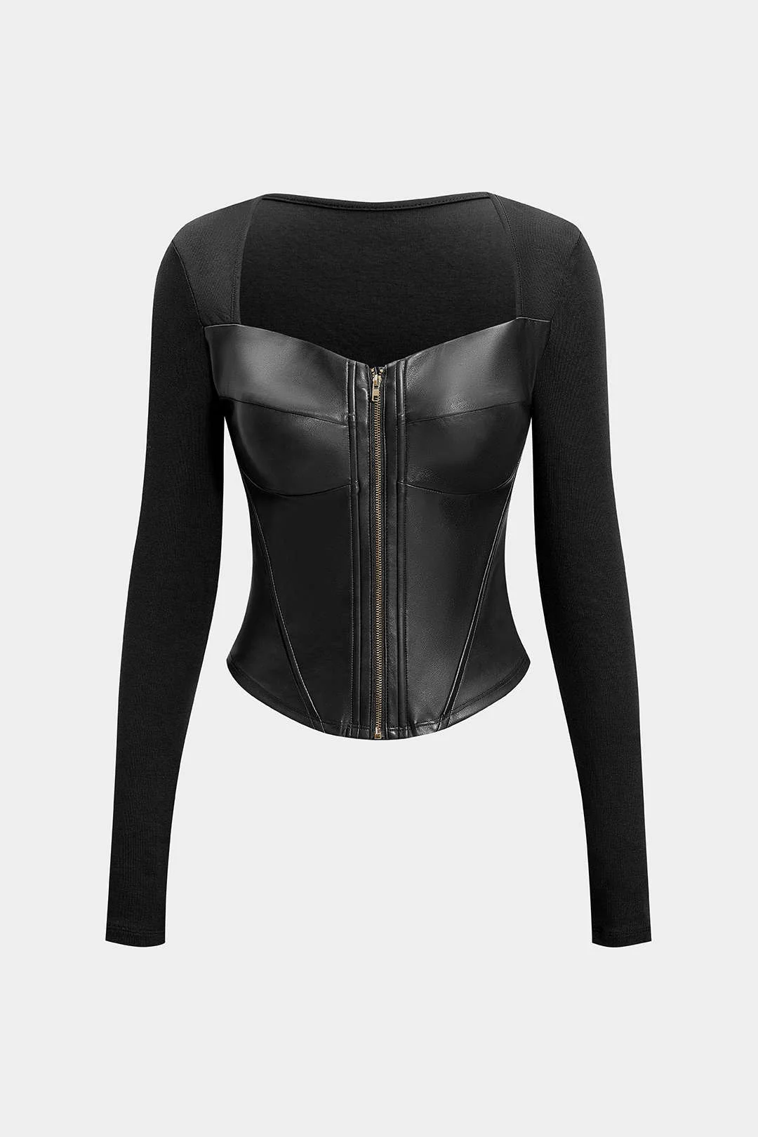 Faux Leather Zipper Patchwork Long-Sleeve Top - Image 10