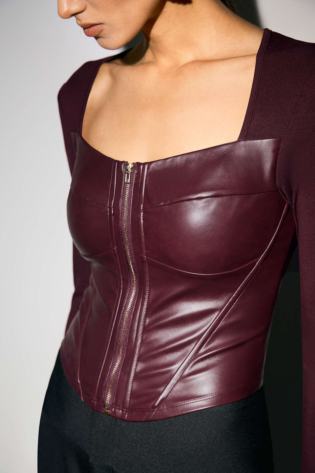 Faux Leather Zipper Patchwork Long-Sleeve Top - Image 6