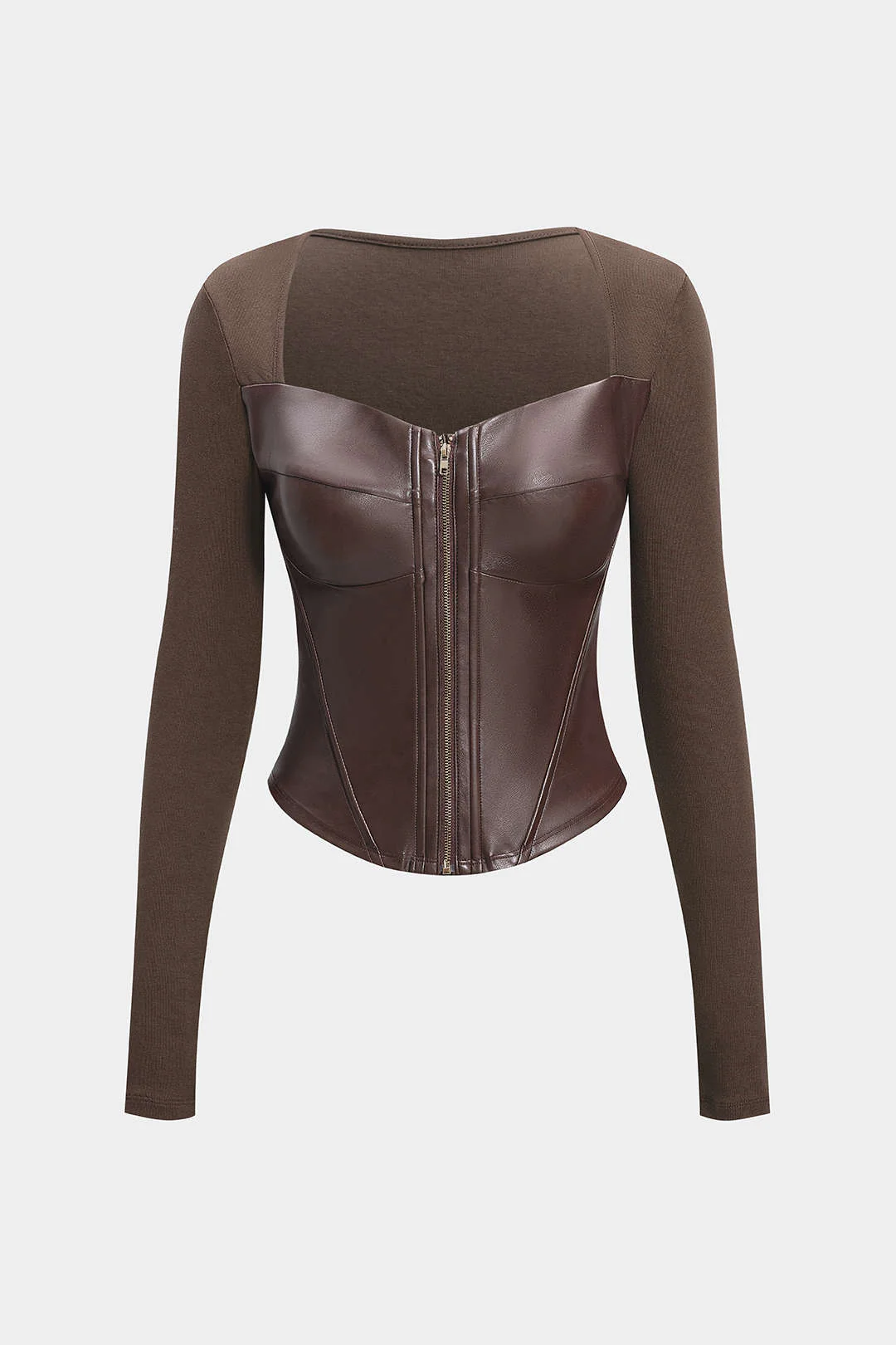 Faux Leather Zipper Patchwork Long-Sleeve Top - Image 9