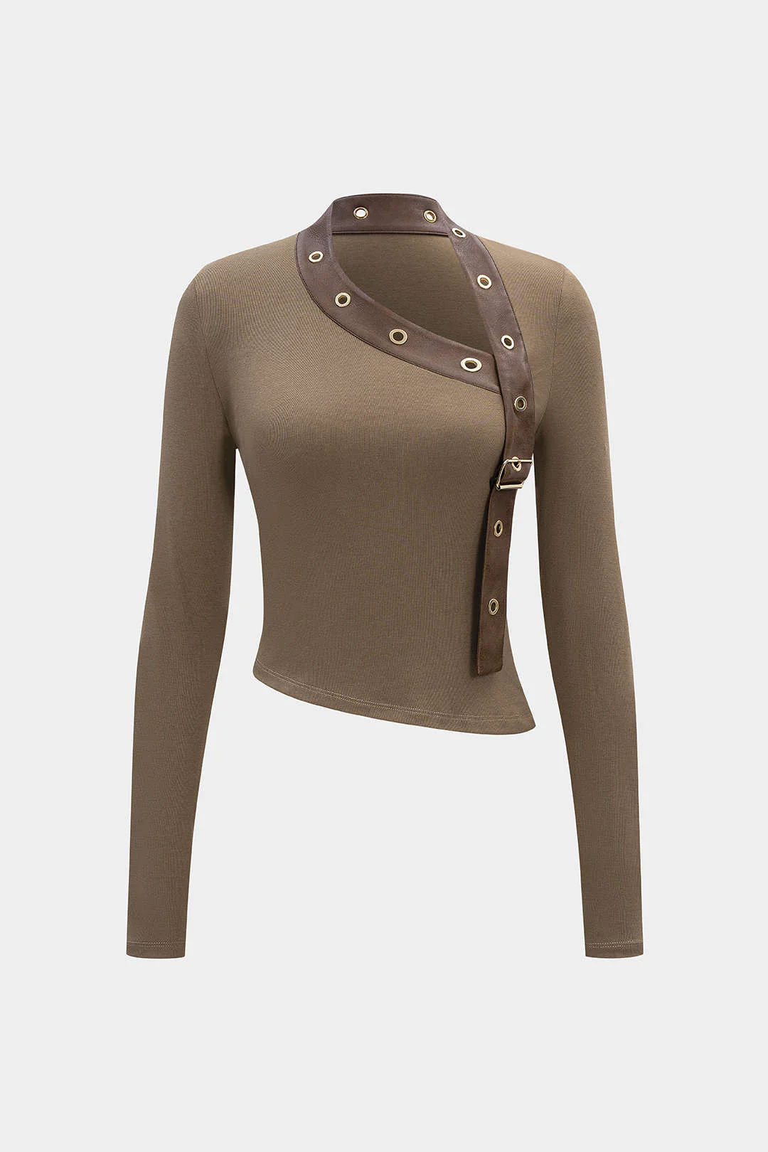 Faux Leather Metallic Asymmetrical Long-Sleeve Top