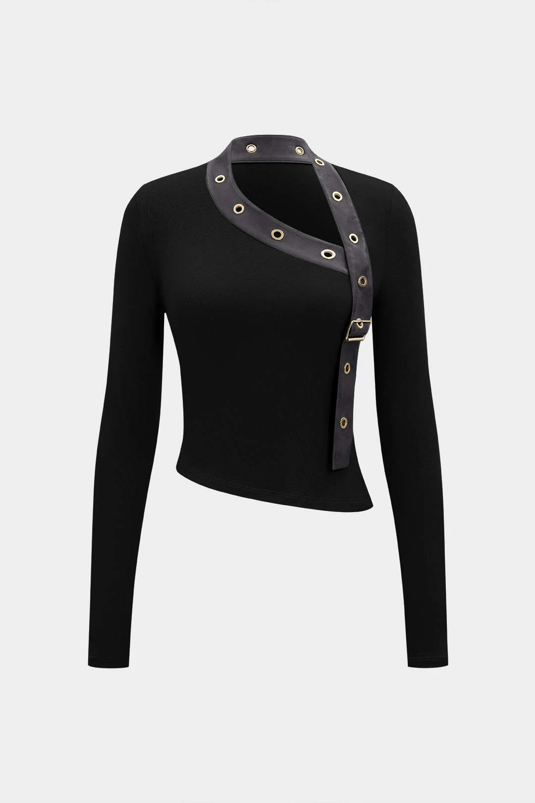 Faux Leather Metallic Asymmetrical Long-Sleeve Top - Image 6