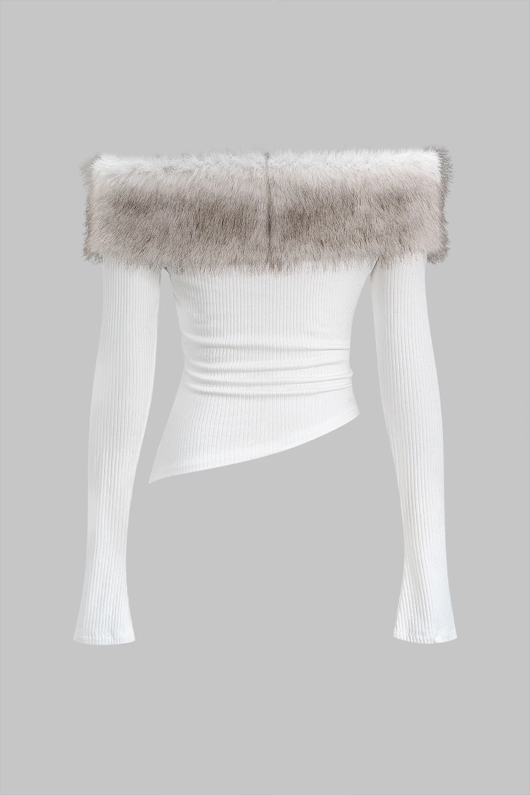 Faux Fur Patchwork Off-Shoulder Long-Sleeve Top - Image 2