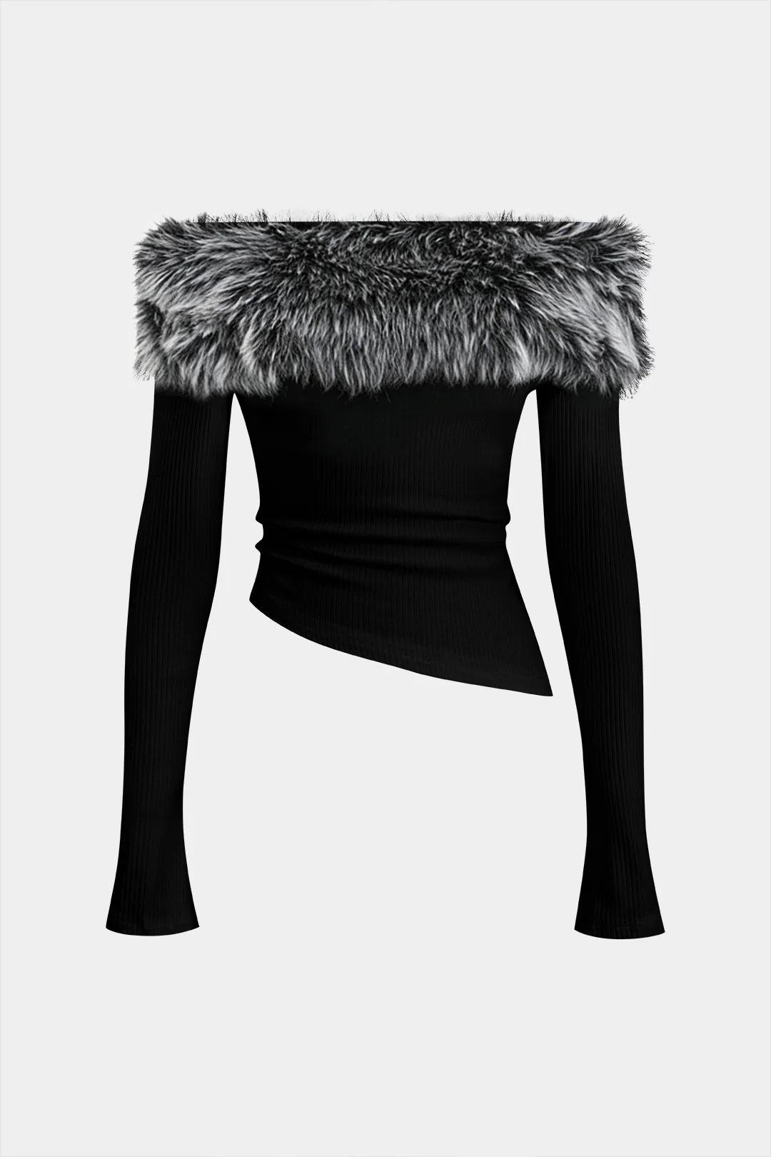 Faux Fur Patchwork Off-Shoulder Long-Sleeve Top - Image 5