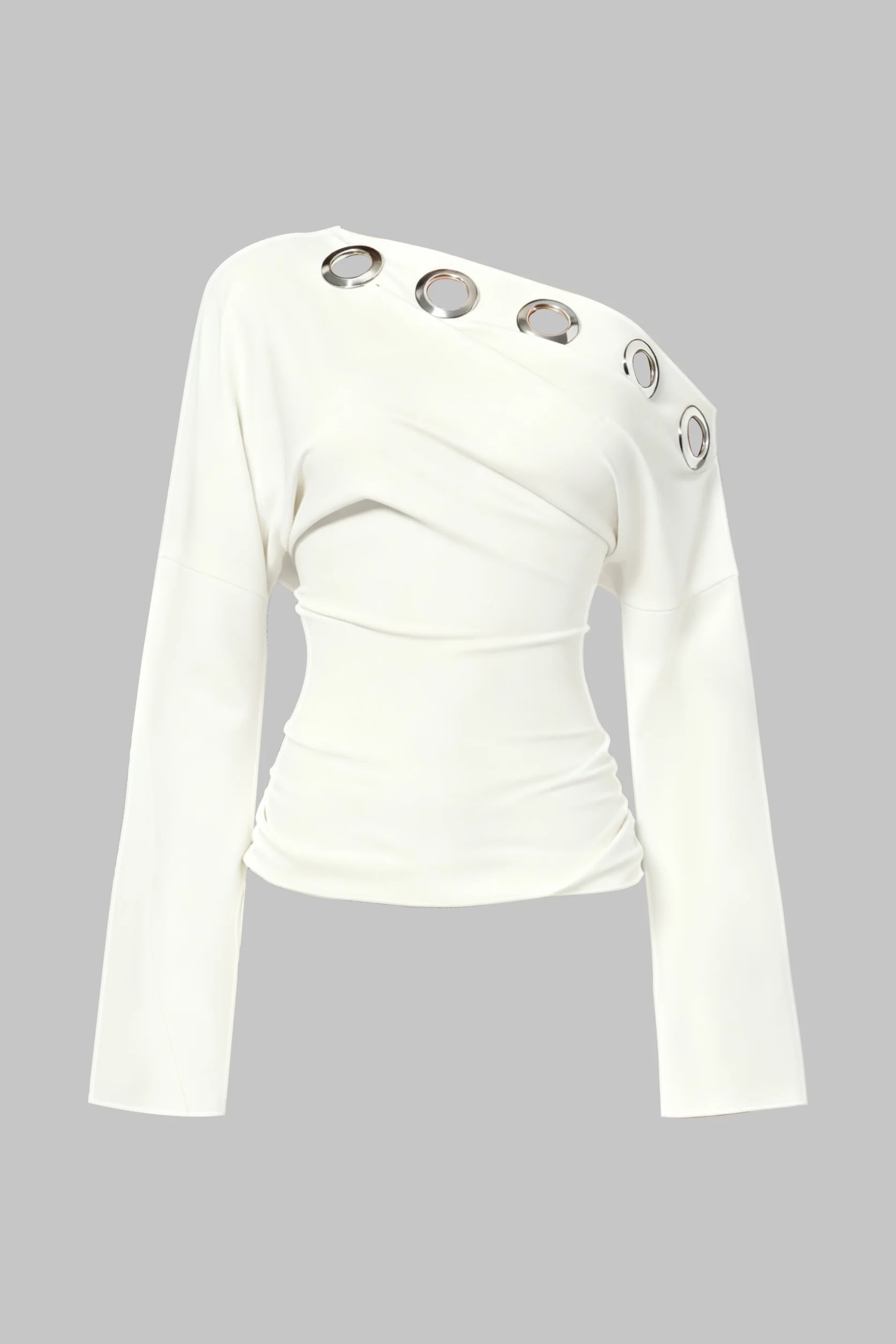 Metallic Eyelet Asymmetrical Long-Sleeve Top