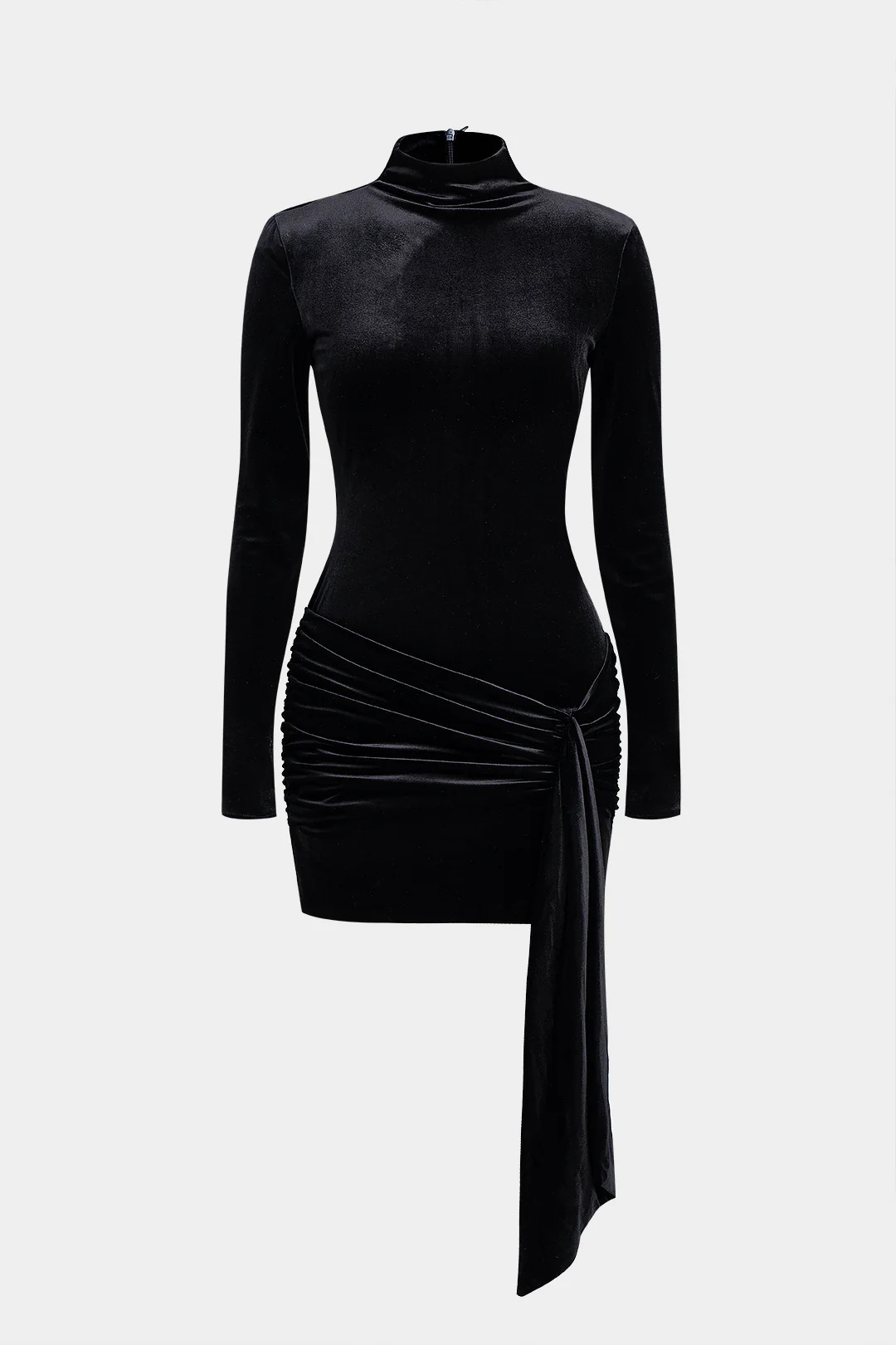Mock Neck Velvet Ruched Zipper Long Sleeve Mini Dress