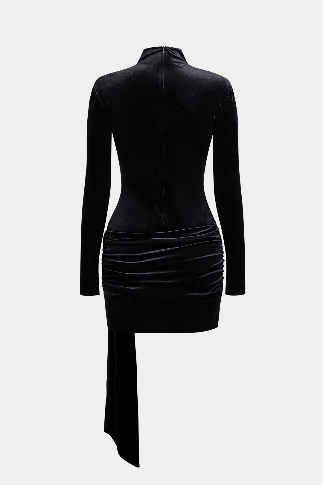 Mock Neck Velvet Ruched Zipper Long Sleeve Mini Dress - Image 2