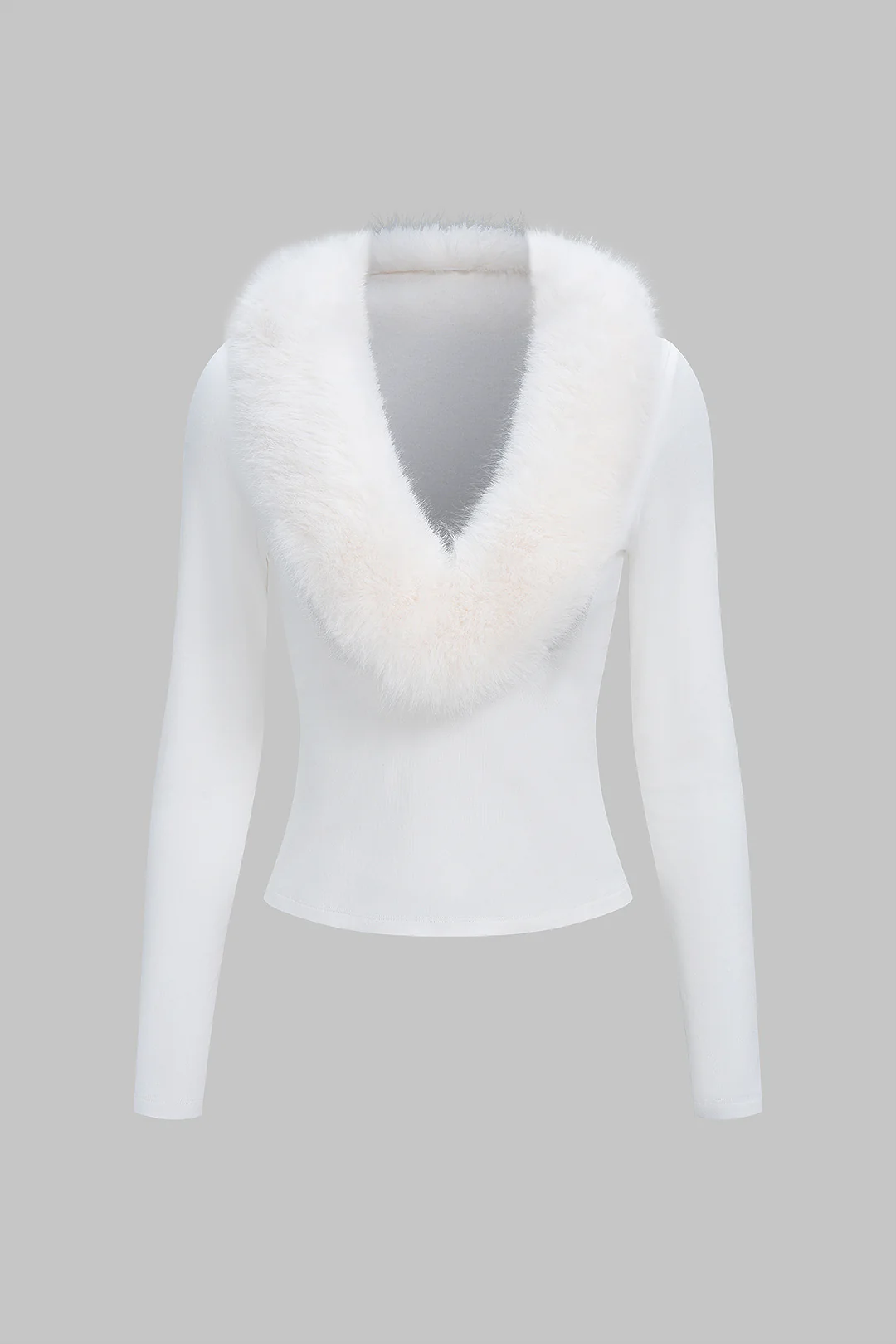 Patchwork Faux Fur Collar Long-Sleeve Top - Image 4