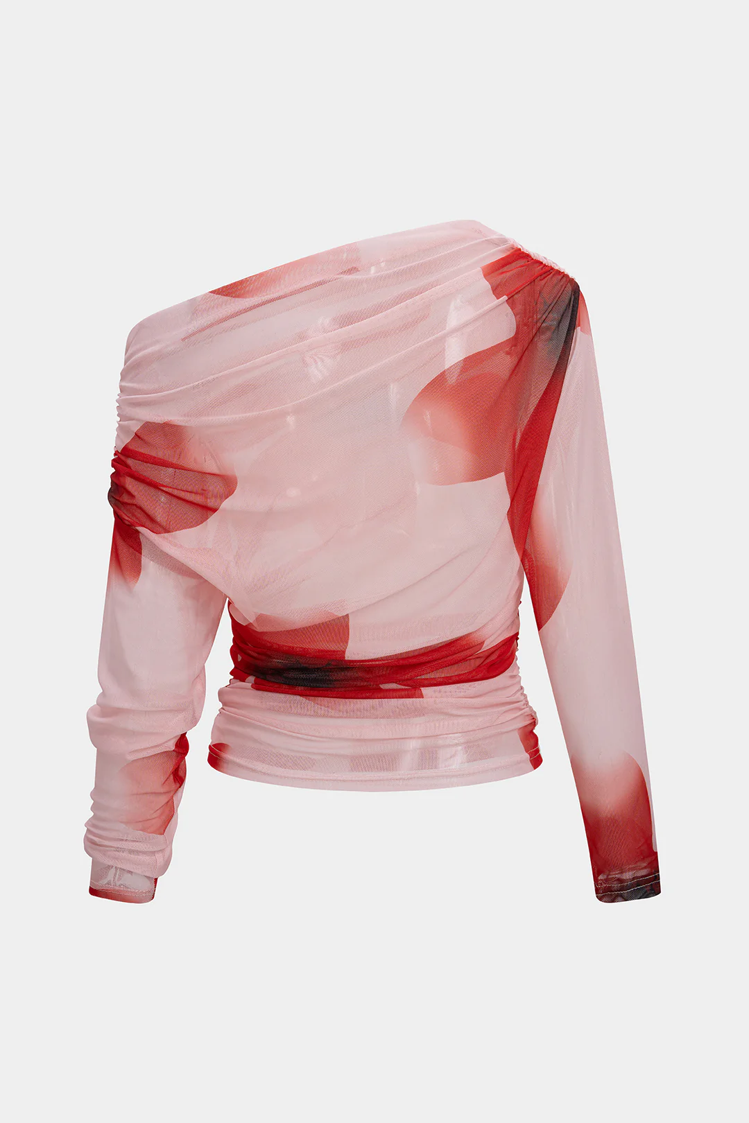 Floral Print Mesh One Shoulder Ruched Long-Sleeve Top - Image 2