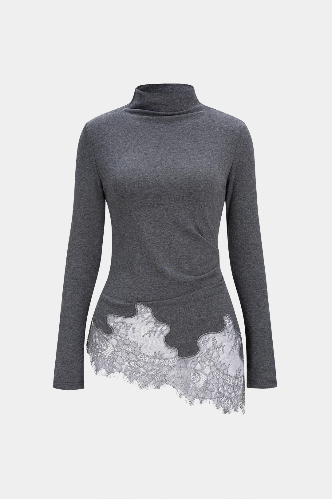 Mock Neck Lace Trim Long-Sleeve Top