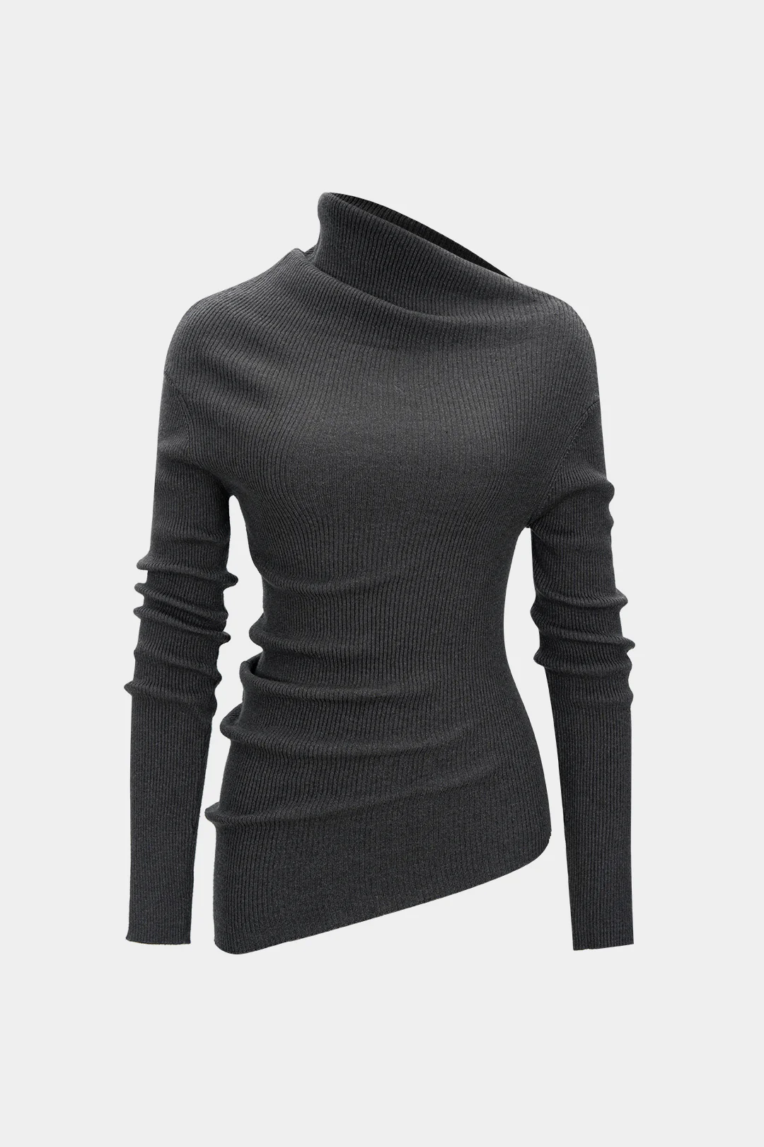Knit Asymmetrical High Collar Ruched Long-Sleeve Top