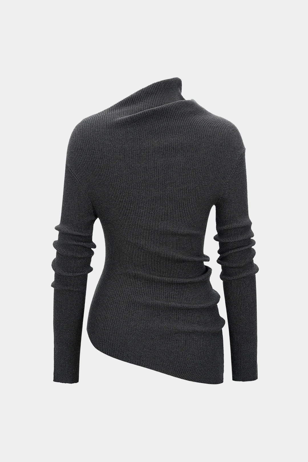 Knit Asymmetrical High Collar Ruched Long-Sleeve Top - Image 2