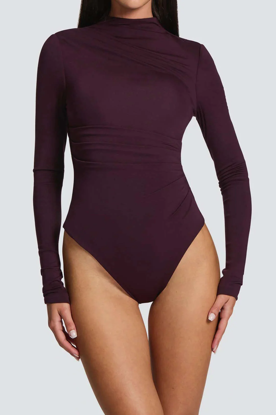 Mesh Ruched Asymmetrical Long Sleeve Bodysuit