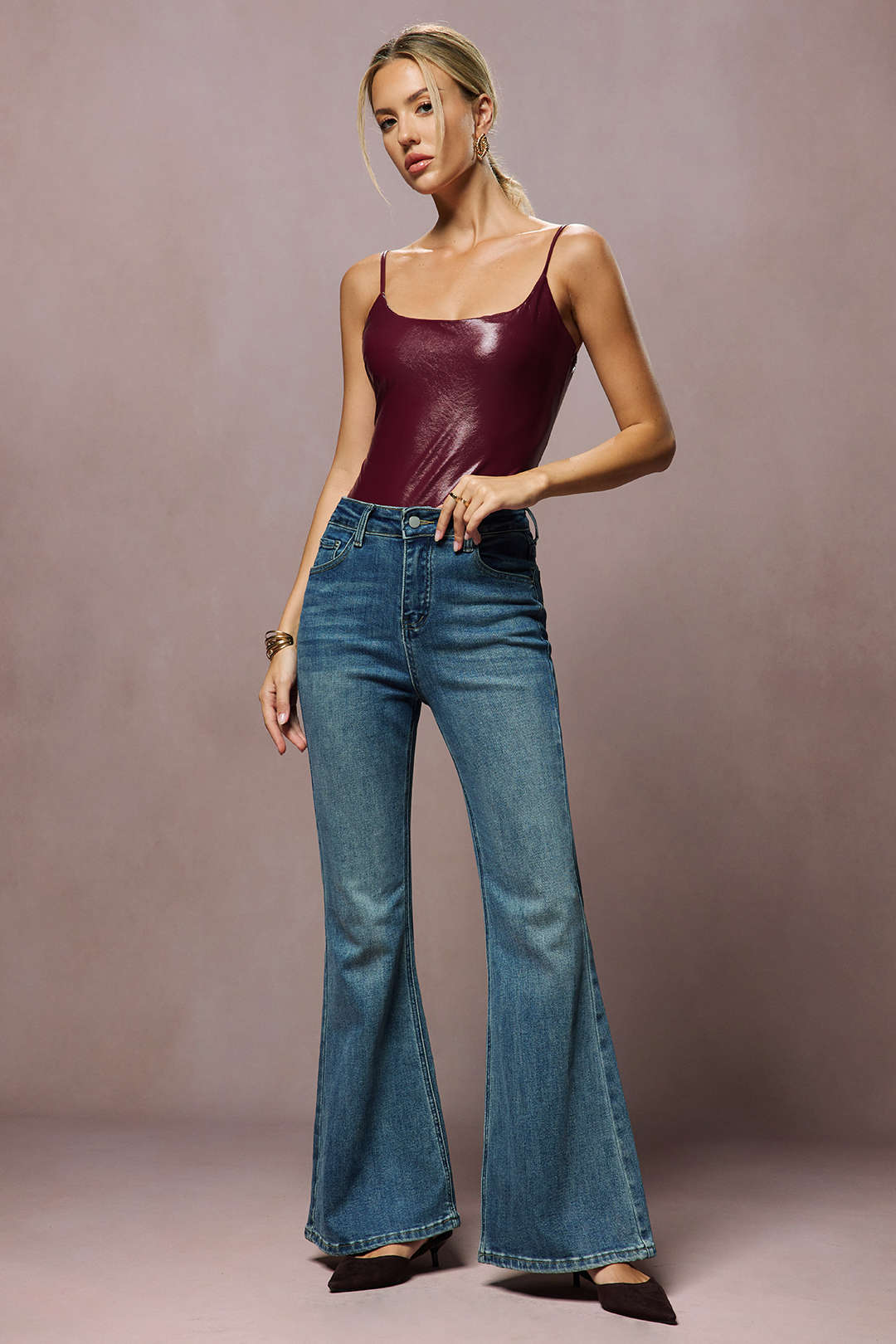 Basic Solid Faux Leather Bodysuit - Image 5