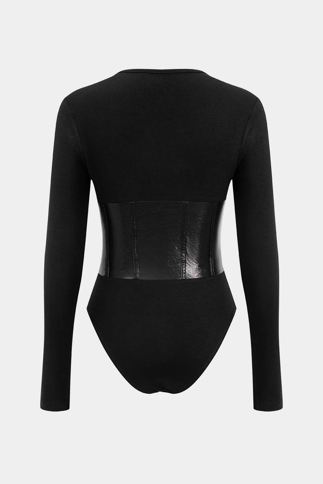 Patchwork Faux Leather Long Sleeve Bodysuit - Image 10