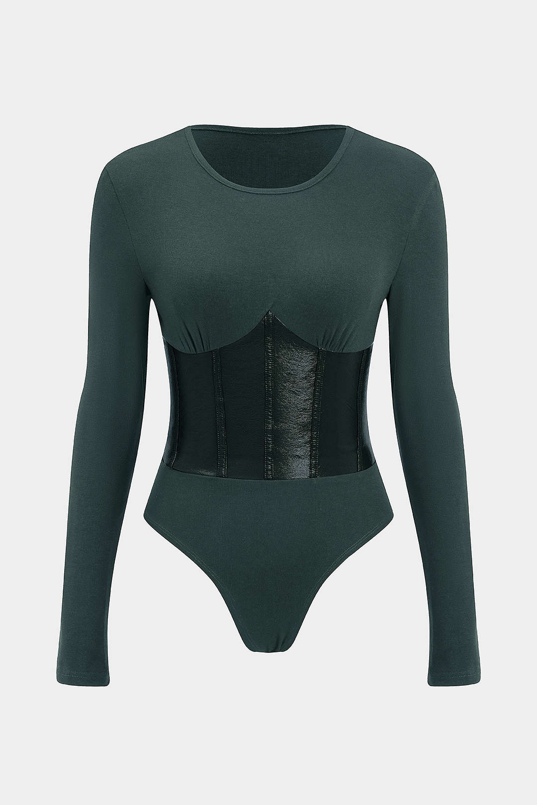 Patchwork Faux Leather Long Sleeve Bodysuit - Image 13