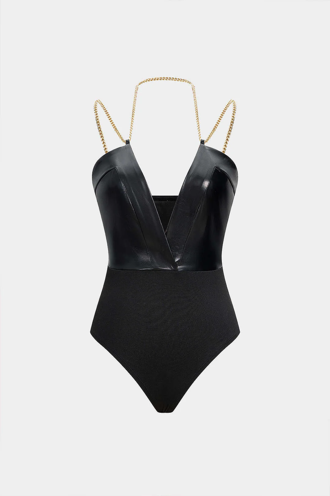 Faux Leather Chain Patchwork Sleeveless V-Neck Bodysuit