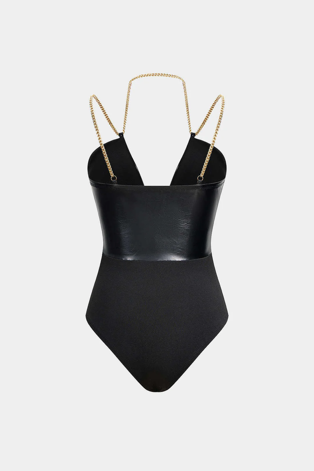Faux Leather Chain Patchwork Sleeveless V-Neck Bodysuit - Image 2