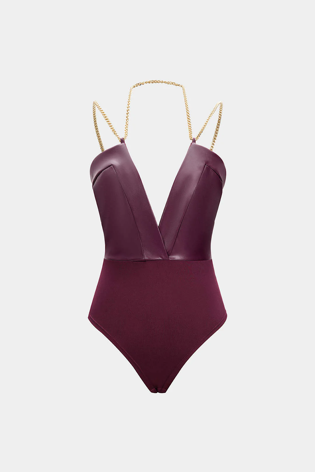 Faux Leather Chain Patchwork Sleeveless V-Neck Bodysuit - Image 9