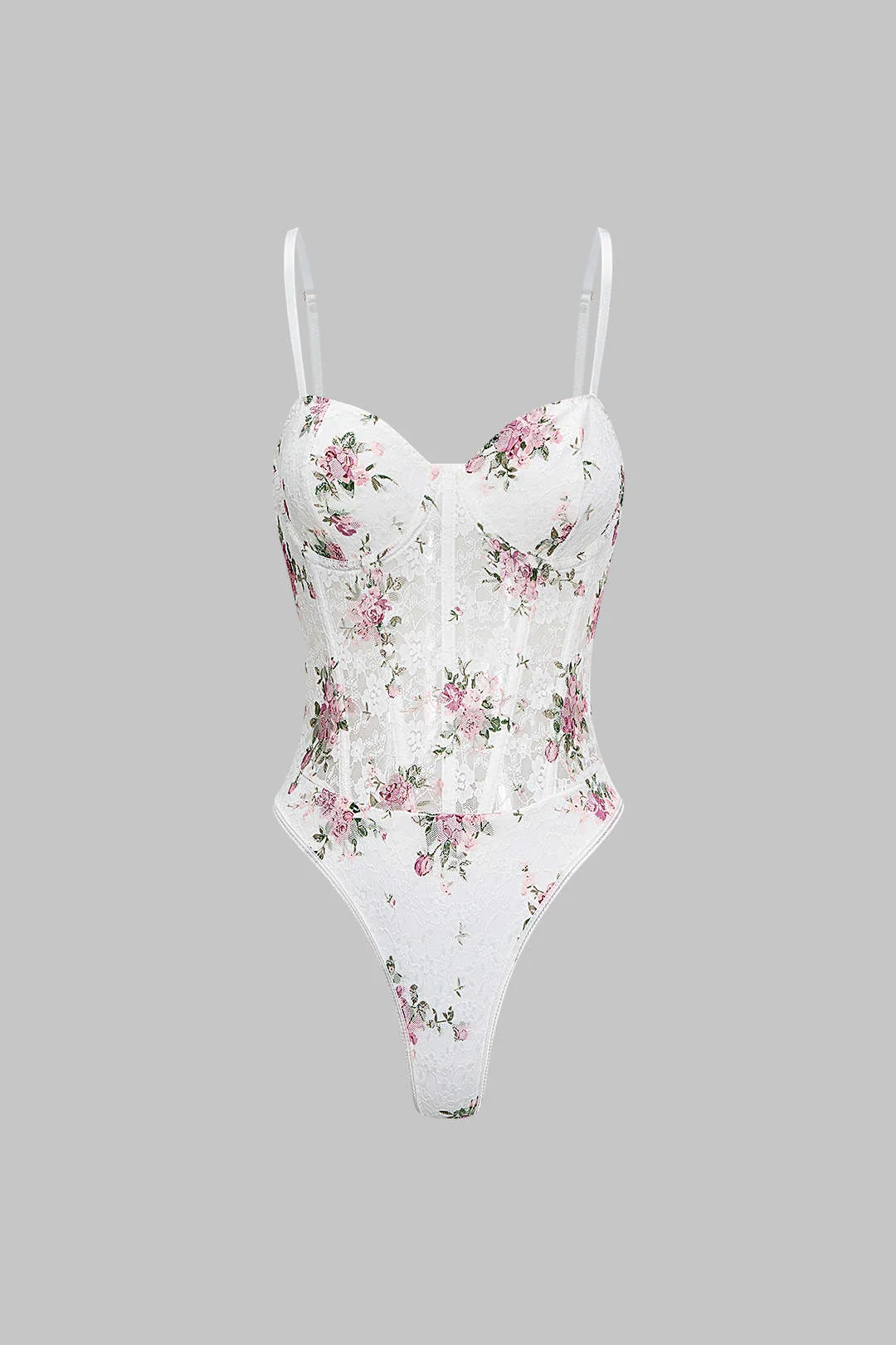 Floral Print Sheer Slip Underwire Sleeveless Bodysuit