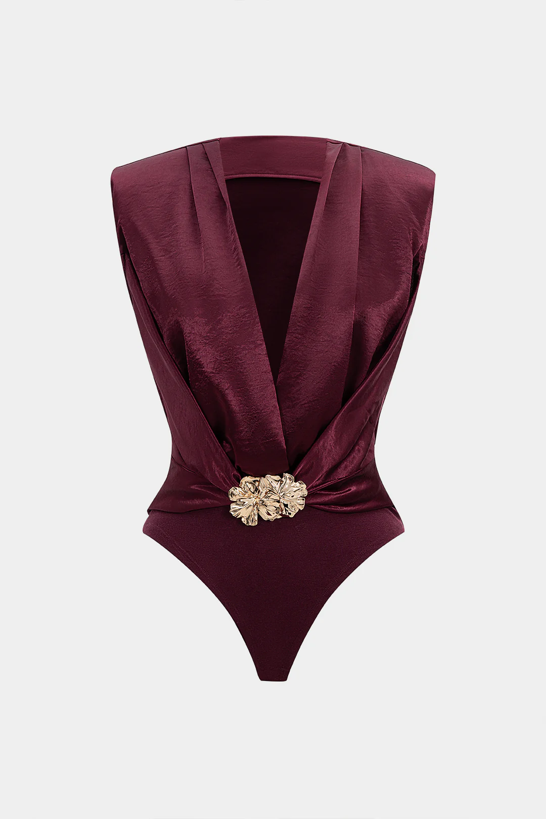 Satin Patchwork Metallic Decor V-Neck Sleeveless Bodysuit
