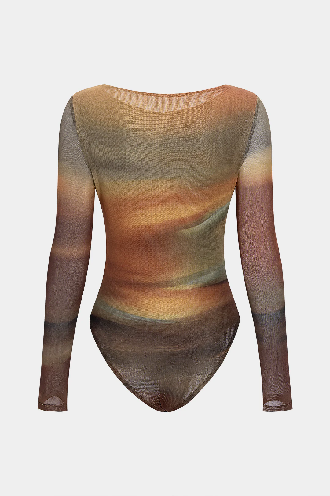 Ombre Print Mesh Ruched Boat Neck Long Sleeve Bodysuit - Image 2