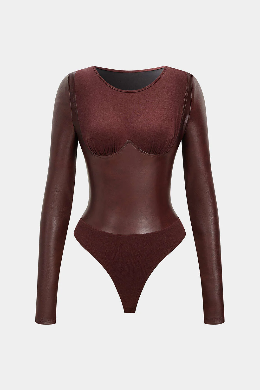 Faux Leather Patchwork Round Neck Long Sleeve Bodysuit